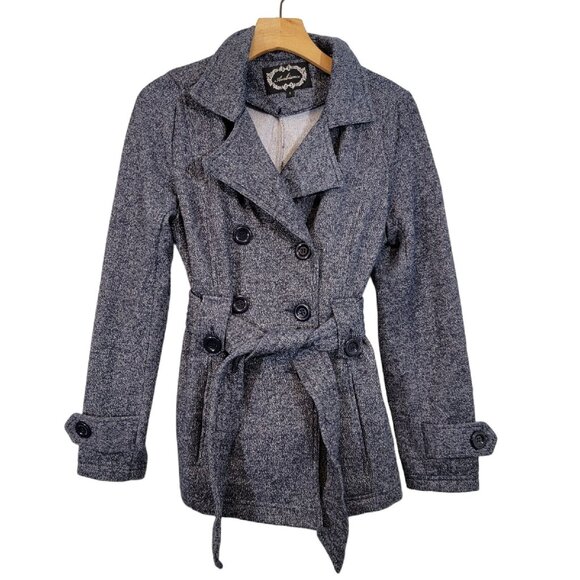 Ambiance Pea Coat Jacket Gray Blue Tweed Button Closure Belted Womens Small - Picture 1 of 8